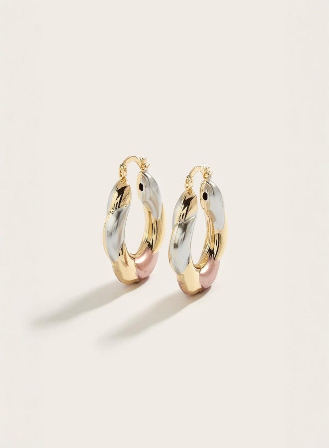 disclean Women's Tri Color Twisted Hoop Earrings - Gold Silver and Rose Gold Tone Trendy Statement Earrings - Image 2